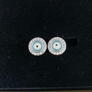 Silver Tone Evil Eye Luck Studs, CZ and Enamel
